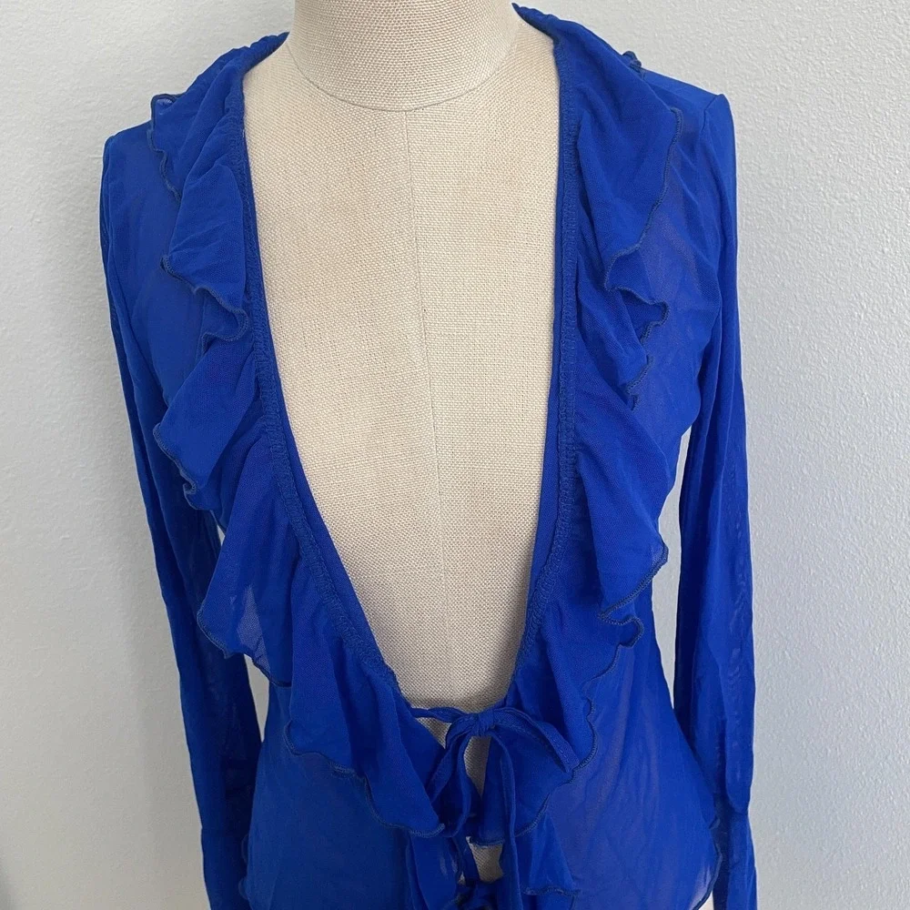 Cardigan Top Women XL Royal Blue Sheer Fairy Romantic Femme Festival Boho Ruffle